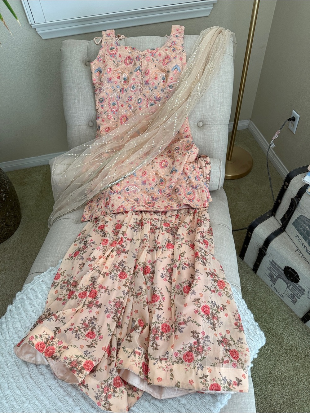 Cute  Floral Peach Sharara set with Sheer Dupatta
